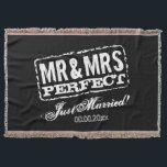 Mr and Mrs Just Married blanket gift for newlyweds<br><div class="desc">Mr and Mrs Just Married blanket gift for newlyweds.
Cute throw blanket for newly wed couple,  bride and groom,  husband and wife.
Vintage stamp design with grungy typography and custom colour background.
Black and white print.</div>