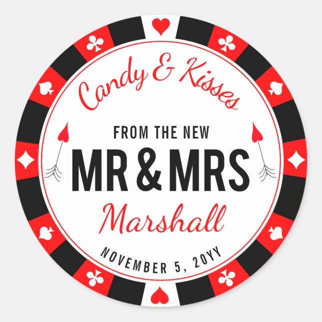 Mr and Mrs Las Vegas Poker Chip Wedding Favour Classic Round Sticker (Front)