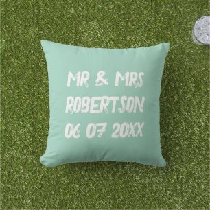 Mr and Mrs light teal vintage typography Cushion