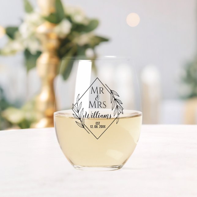 Mr And Mrs Minimalist Anniversary Family Name Est Stemless Wine Glass (Insitu (Wedding))