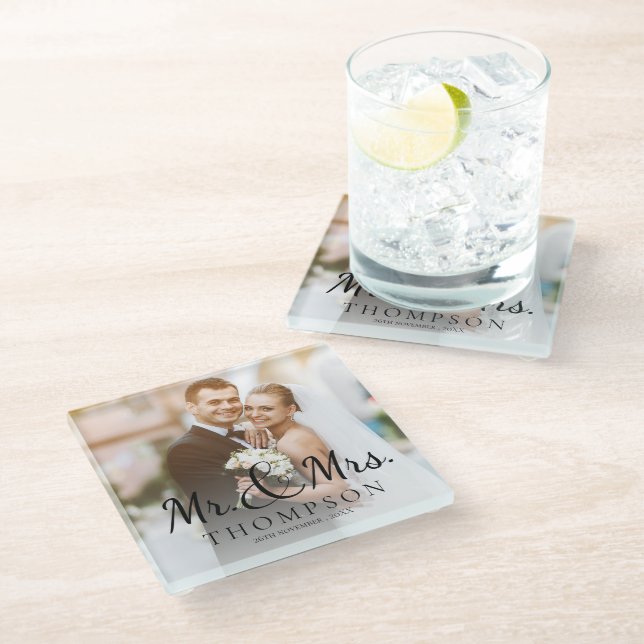 Mr And Mrs Minimalist Elegant Cute Wedding Photo Glass Coaster (Angled)