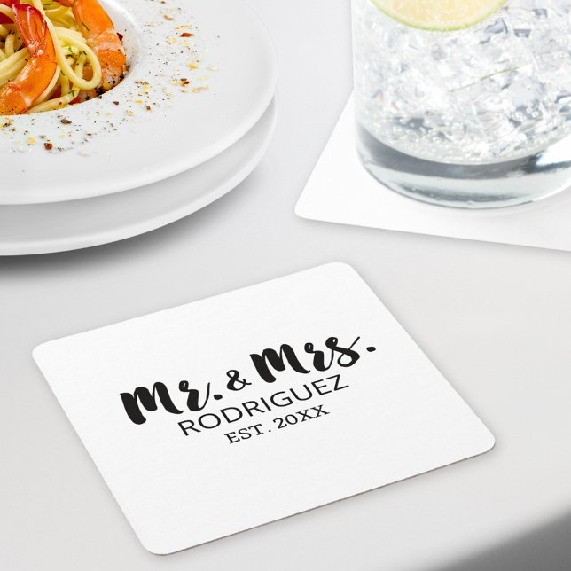 Mr and Mrs Modern Brush Font Wedding Anniversary Square Paper Coaster (In situ)