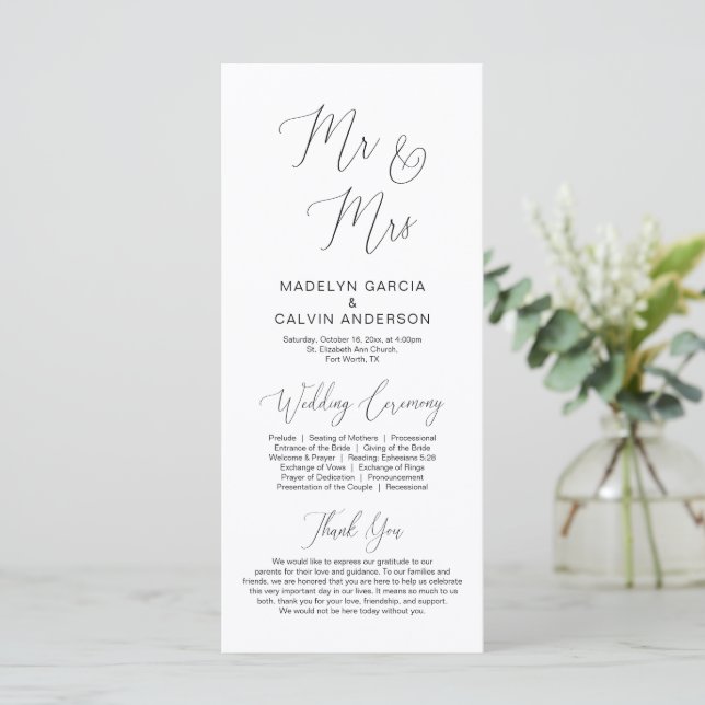 Mr and Mrs, modern classy Wedding Ceremony Program Programme (Standing Front)