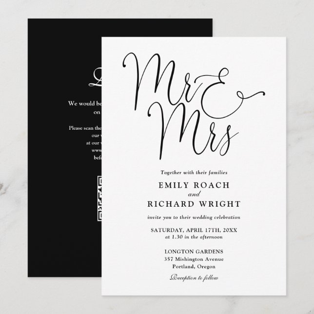 Mr And Mrs Modern QR Code Black And White Wedding Invitation (Front/Back)