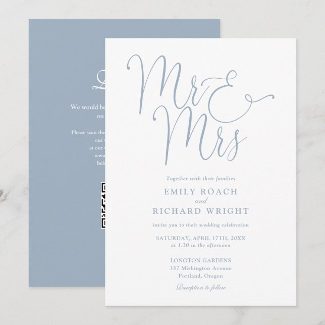 Mr And Mrs Modern QR Code Dusty Blue Wedding Invitation (Front/Back)