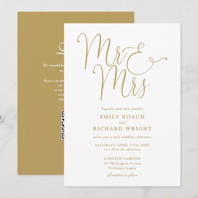 Mr And Mrs Modern QR Code Gold Wedding Invitation (Front/Back)