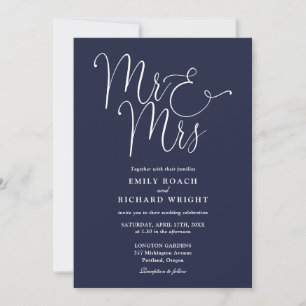 Mr And Mrs Modern QR Code Navy Blue Wedding Invitation