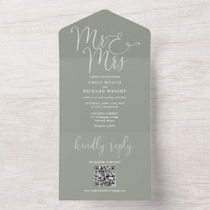 Mr And Mrs Modern QR Code Sage Green Wedding All In One Invitation