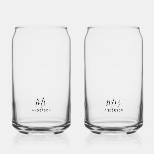 Mr and Mrs   Modern Script Personalised Can Glass