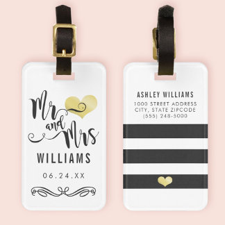 Mr. and Mrs. Monogram Black Gold Wedding Newlywed Luggage Tag