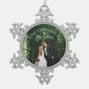 Mr. and Mrs. Monogram Wedding Photo Snowflake Pewter Christmas Ornament