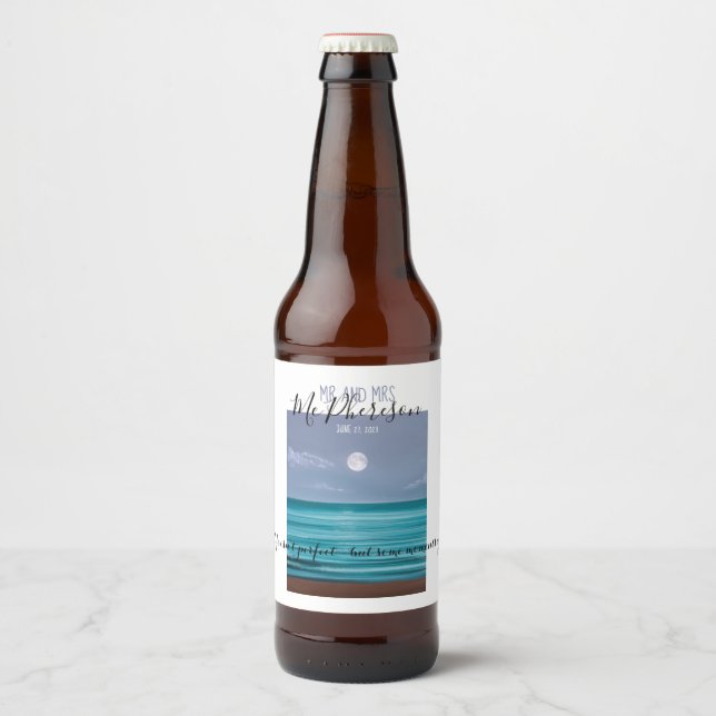 Mr and Mrs Moonlit beach wedding theme Beer Bottle Label (Front)