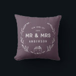 Mr and Mrs new home Cushion<br><div class="desc">Mr and Mrs new home or newly wed cushion. Hand drawn floral and little house details. Background colour can be altered.</div>