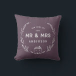 Mr and Mrs new home Cushion<br><div class="desc">Mr and Mrs new home or newly wed cushion. Hand drawn floral and little house details. Background colour can be altered.</div>