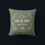Mr and Mrs new home Cushion<br><div class="desc">Mr and Mrs new home or newly wed cushion. Hand drawn floral and little house details. Background colour can be altered.</div>