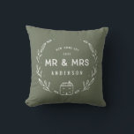 Mr and Mrs new home Cushion<br><div class="desc">Mr and Mrs new home or newly wed cushion. Hand drawn floral and little house details. Background colour can be altered.</div>
