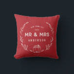 Mr and Mrs new home Cushion<br><div class="desc">Mr and Mrs new home or newly wed cushion. Hand drawn floral and little house details. Background colour can be altered.</div>
