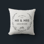 Mr and Mrs new home Cushion<br><div class="desc">Mr and Mrs new home or newly wed cushion. Hand drawn floral and little house details. Background colour can be altered.</div>