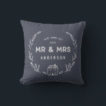 Mr and Mrs new home Cushion<br><div class="desc">Mr and Mrs new home or newly wed cushion. Hand drawn floral and little house details. Background colour can be altered.</div>