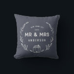 Mr and Mrs new home tartan backer Cushion<br><div class="desc">Mr and Mrs new home or newly wed cushion. Hand drawn floral and little house details. Tartan check backer background colour can be altered.</div>