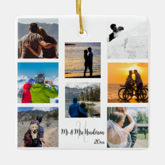 Mr and Mrs Newlywed Custom 8 Photo Grid Ceramic Ornament
