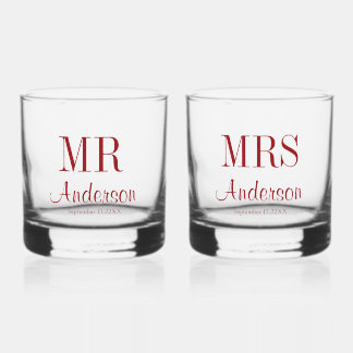 Mr and Mrs Newlywed Typography Wedding Stemless Whiskey Glass