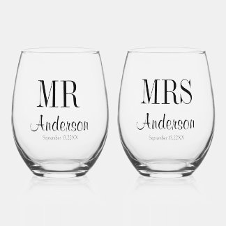 Mr and Mrs Newlywed Typography Wedding Stemless Wine Glass