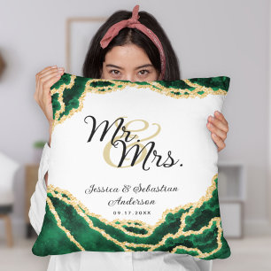 Mr and Mrs Newlyweds Emerald Green Marble Wedding Cushion