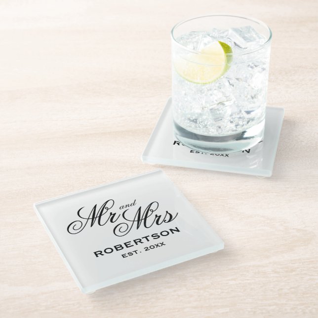 Mr and Mrs newlyweds gift custom glass coaster (Angled)