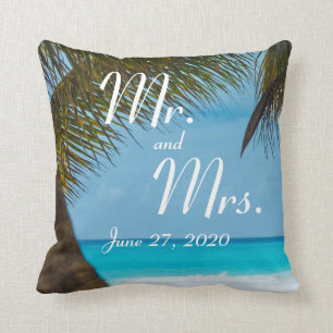Mr. and Mrs. Palm Trees On Beach Wedding Pillows