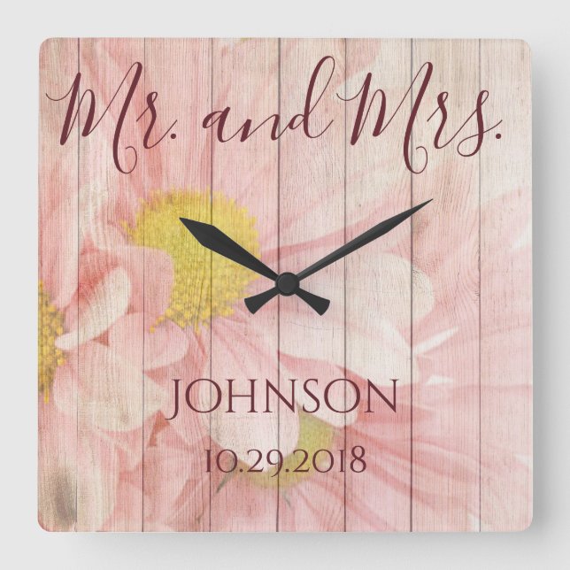 Mr and Mrs Personalised Floral Square Wall Clock (Front)