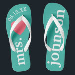Mr. and Mrs. Personalised Honeymoon with Heart Jandals<br><div class="desc">A perfect design for a beach wedding or for the honeymoon. Change the Mrs. to Mr. to make a coordinating pair.</div>