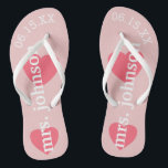 Mr. and Mrs. Personalised Honeymoon with Heart Jandals<br><div class="desc">Blush Pink - A perfect design for a beach wedding or for the honeymoon. Change the Mrs. to Mr. to make a coordinating pair.</div>