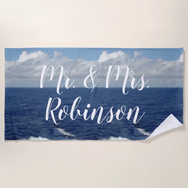 Mr. and Mrs. Personalised Ocean Waves Beach Towel (Front)