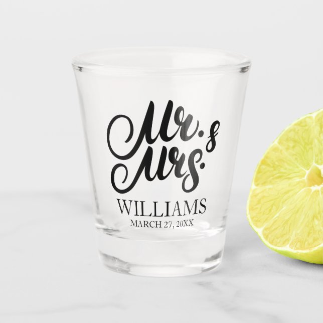 Mr and Mrs Personalised Surname Wedding Favour Sho Shot Glass (Front)