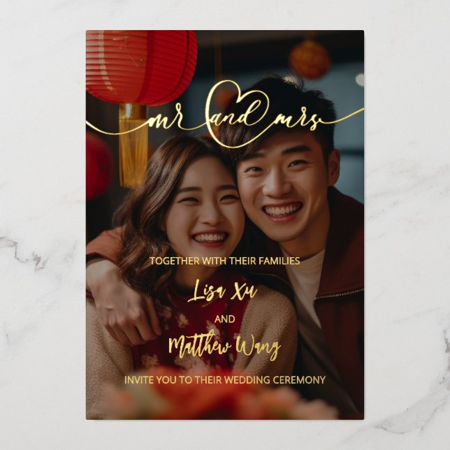 Mr. and Mrs. Photo Gold Foil  Wedding Invitation (Front)