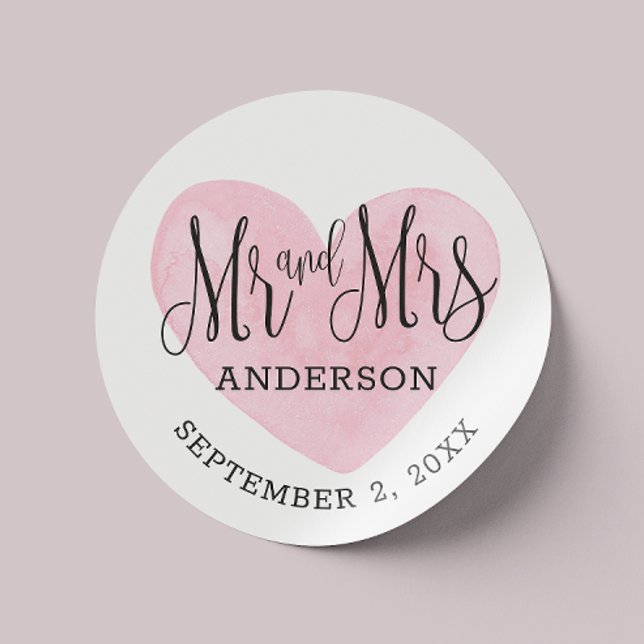 Mr and Mrs. Pink heart wedding or valentines day Classic Round Sticker (Creator Uploaded)