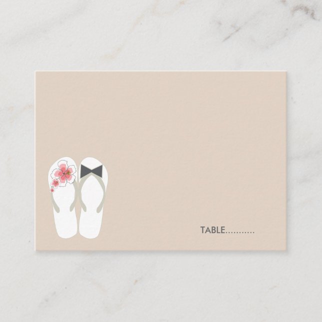 Mr And Mrs Pink Hibiscus Flip Flops Beach Wedding Place Card (Front)