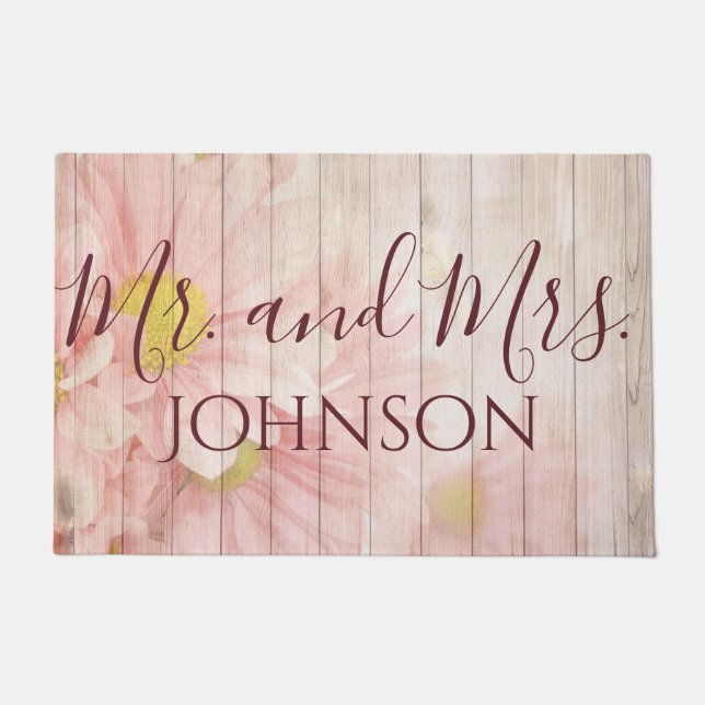 Mr and Mrs Pretty Pink Flowers Doormat (Front)