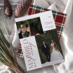 Mr and Mrs Red Green Tartan Married & Merry Photo Holiday Card<br><div class="desc">Introducing our stunning new Minimalist Mr and Mrs Red and Green Tartan Married & Merry Photo Holiday Card: a modern design featuring elegant typography and a cherished wedding photo, in festive red and white. The minimalistic front is complemented by a warm, festive , with a red and green tartan plaid...</div>