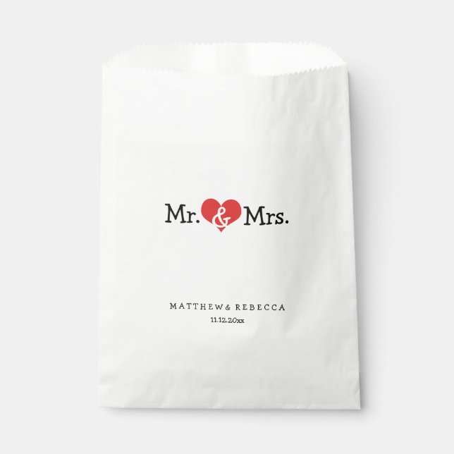 Mr and Mrs Red Heart Wedding Personalised Favour Bags (Front)