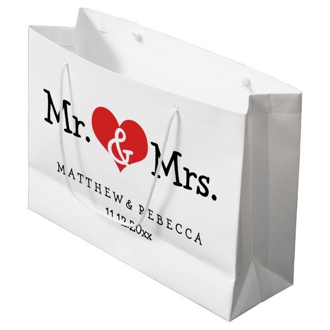 Mr and Mrs Red Heart Wedding Personalised Large Gift Bag (Front Angled)