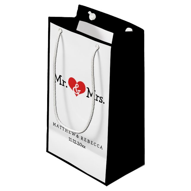 Mr and Mrs Red Heart Wedding Personalised Small Gift Bag (Front Angled)