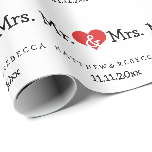 Mr and Mrs Red Heart Wedding Wrapping Paper (Roll Corner)