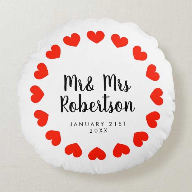 Mr and Mrs round throw pillow gift for newly weds (Front)