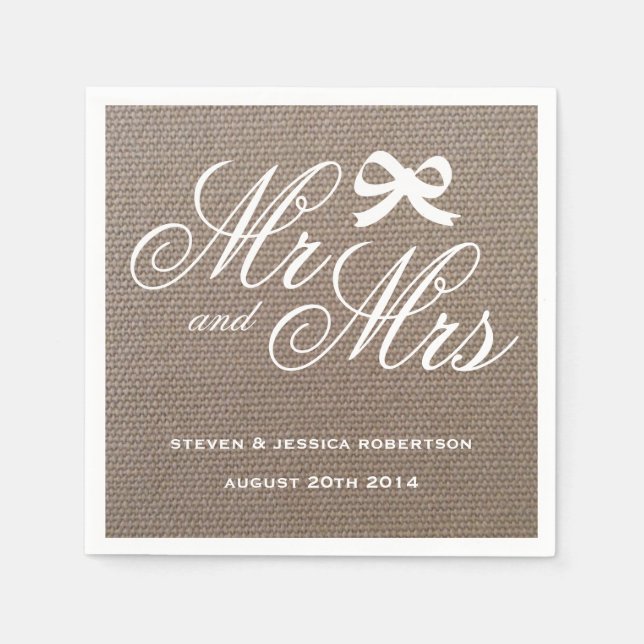 Mr and Mrs rustic burlap country wedding napkins (Front)