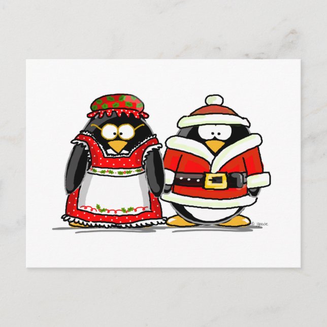 Mr. and Mrs. Santa Claus Penguin Holiday Postcard (Front)