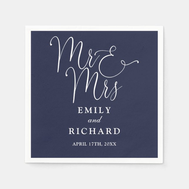 Mr And Mrs Script Elegant Navy Blue Wedding Napkin (Front)
