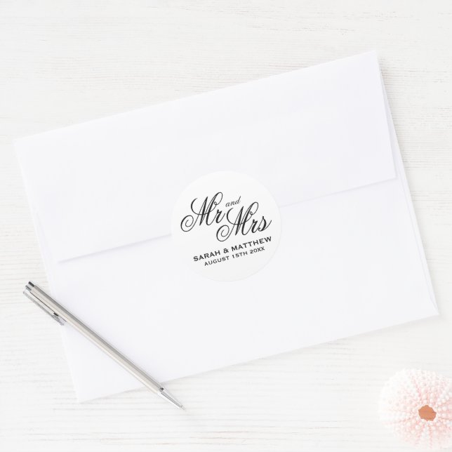  Mr and Mrs script typography designer wedding Classic Round Sticker (Envelope)