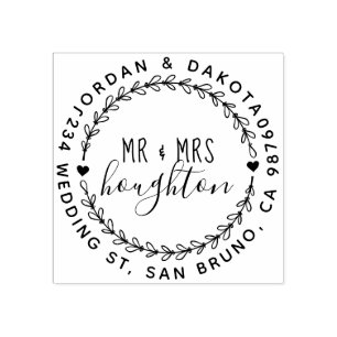 Mr and Mrs Script Wedding Wreath Return Address Rubber Stamp